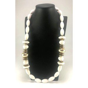 1070s Chunky Funky Mod Plastic Bead Necklace in White and Gold